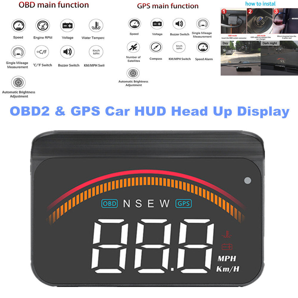 OBD2 and GPS car HUD head-up display digital speedometer MPH overspeed alarm USB- n