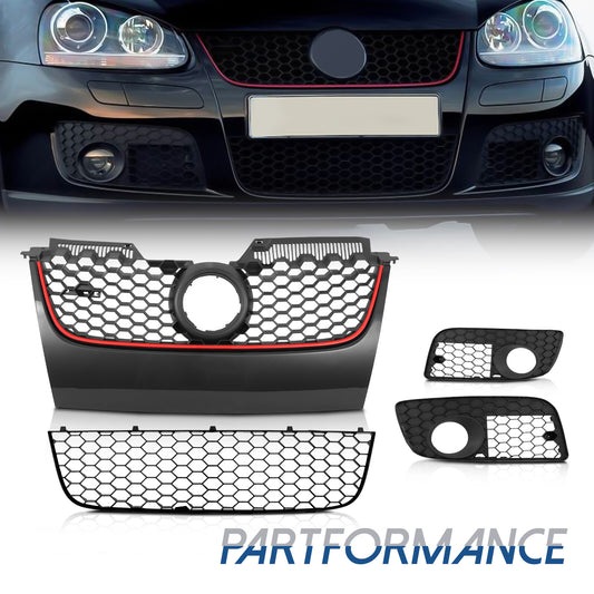 Main Hexagonal Grille Gloss Black with Red Trim for for VW MK5 GTI for Jetta GLI 2006-2009- v