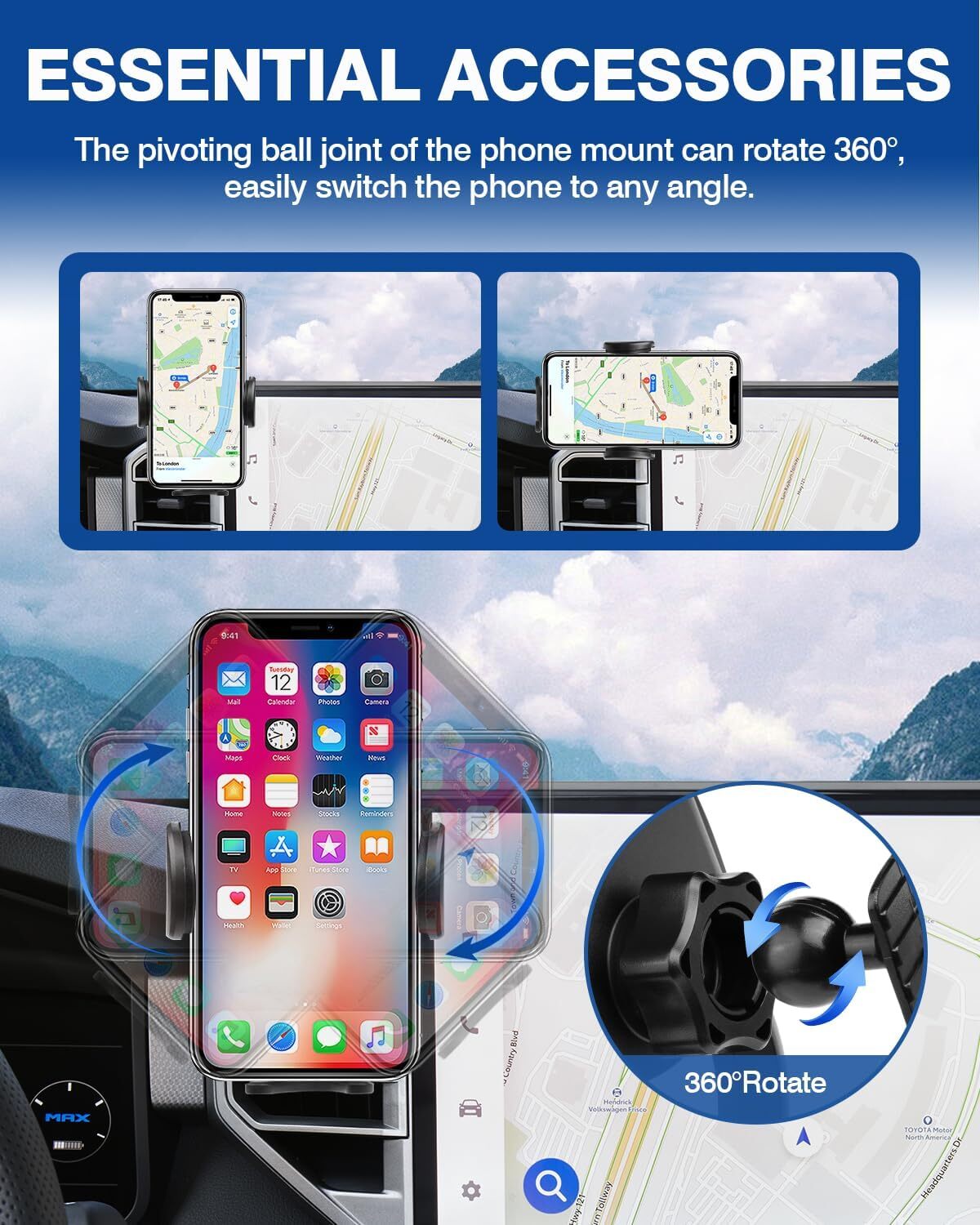 360-degree car phone holder suitable for Tendera 22-24 with 14-inch screen. n