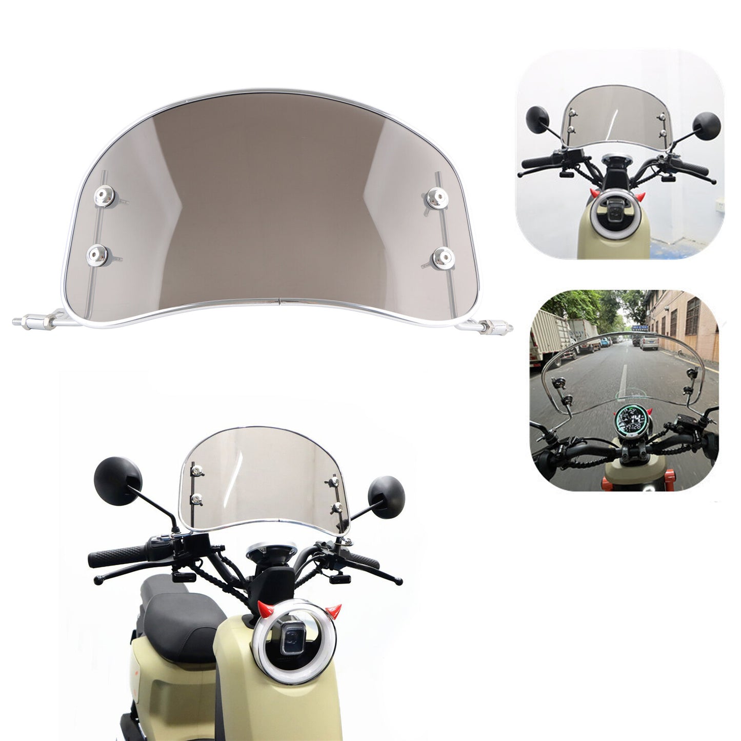 Smoked motorcycle windshield, removable windshield, universal for scooters and electric bicycles.