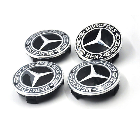 4-piece set of 75mm wheel center hubcaps with logo badge stickers for Mercedes-Benz