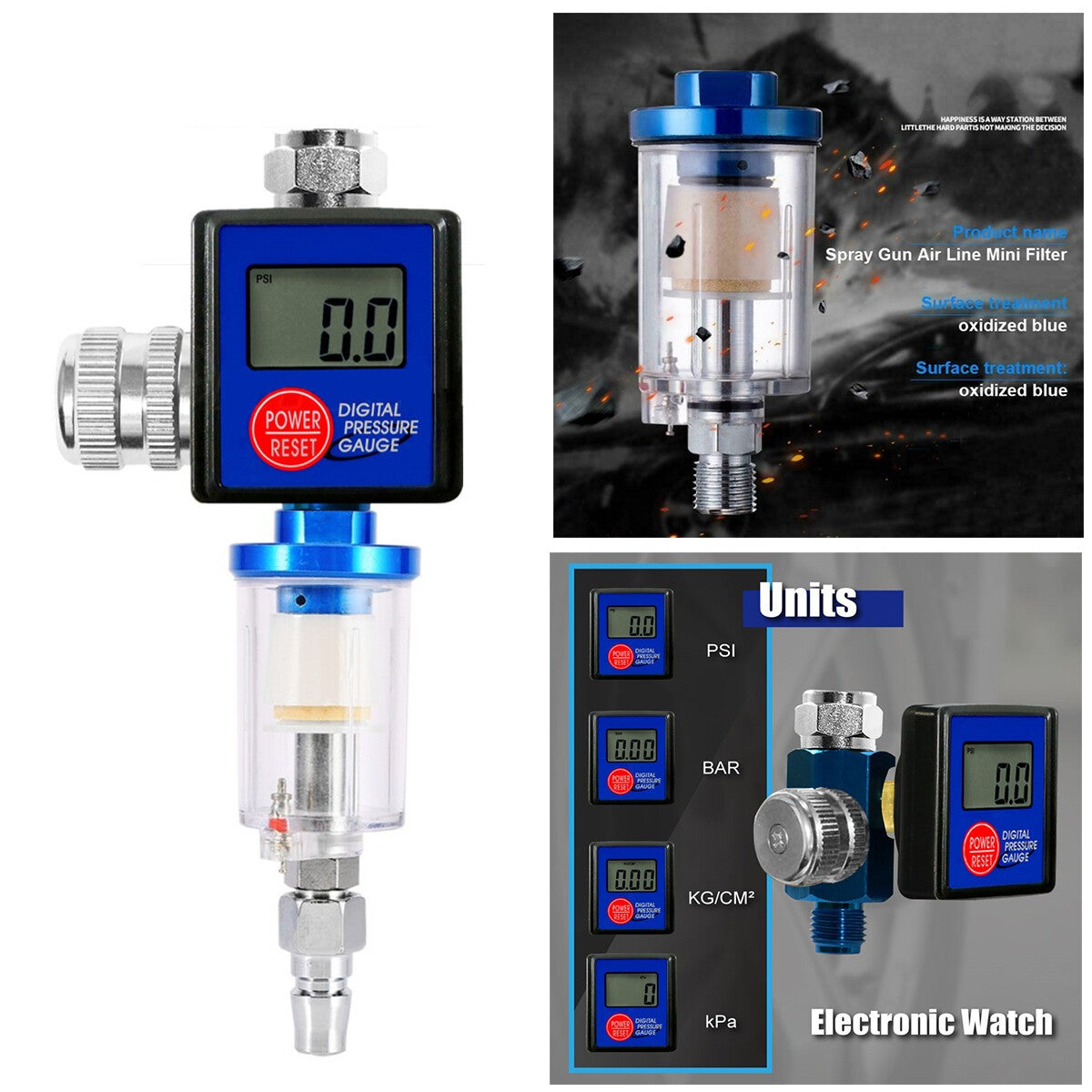 Air Pressure Regulator Gauge Spray Gun Digital Paint w/ Oil-water Separator Tool