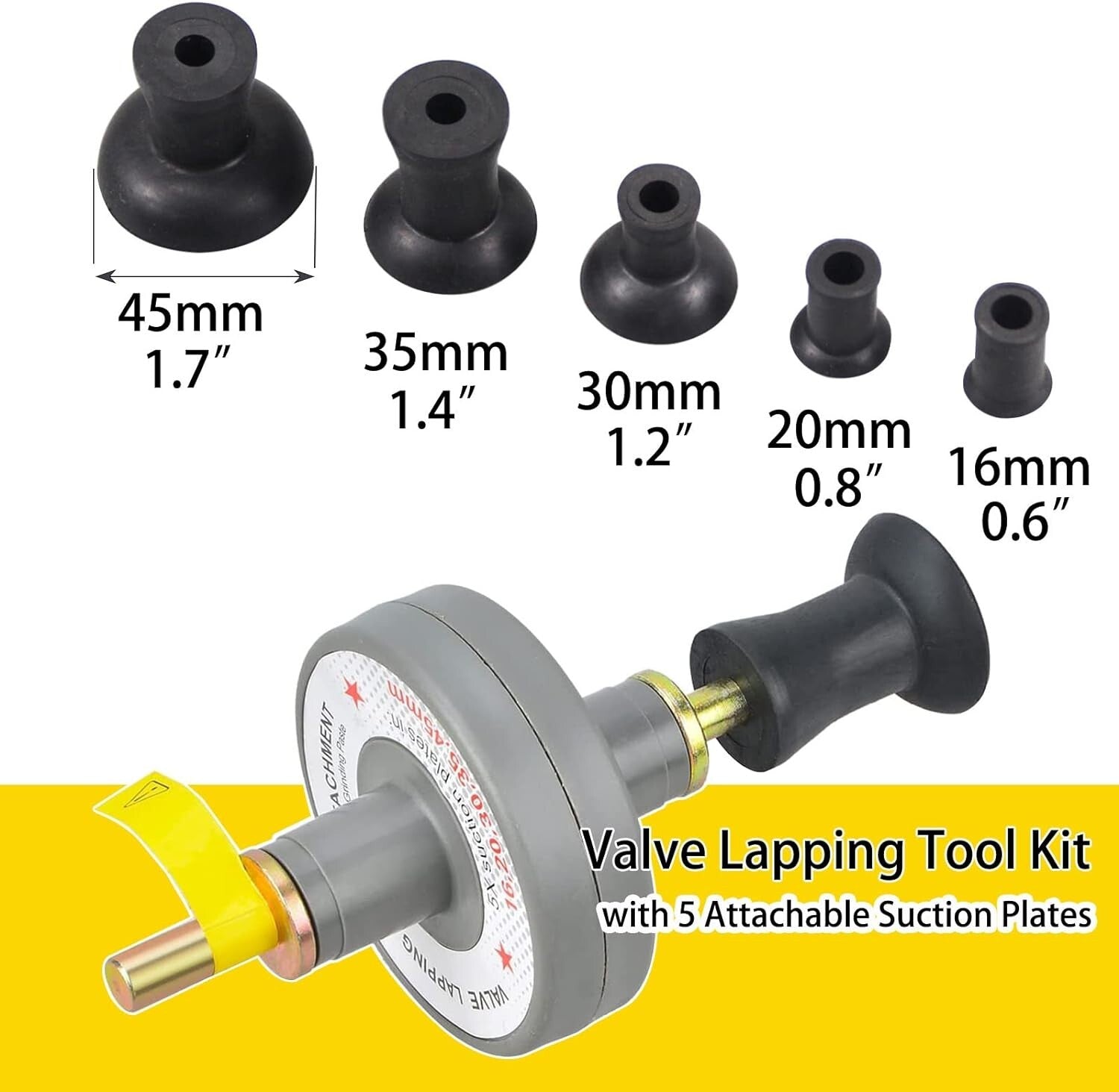 Tool holder valve grinding tool, automotive repair tool + 5 suction cups (16, 20, 30, 35, 45 mm)