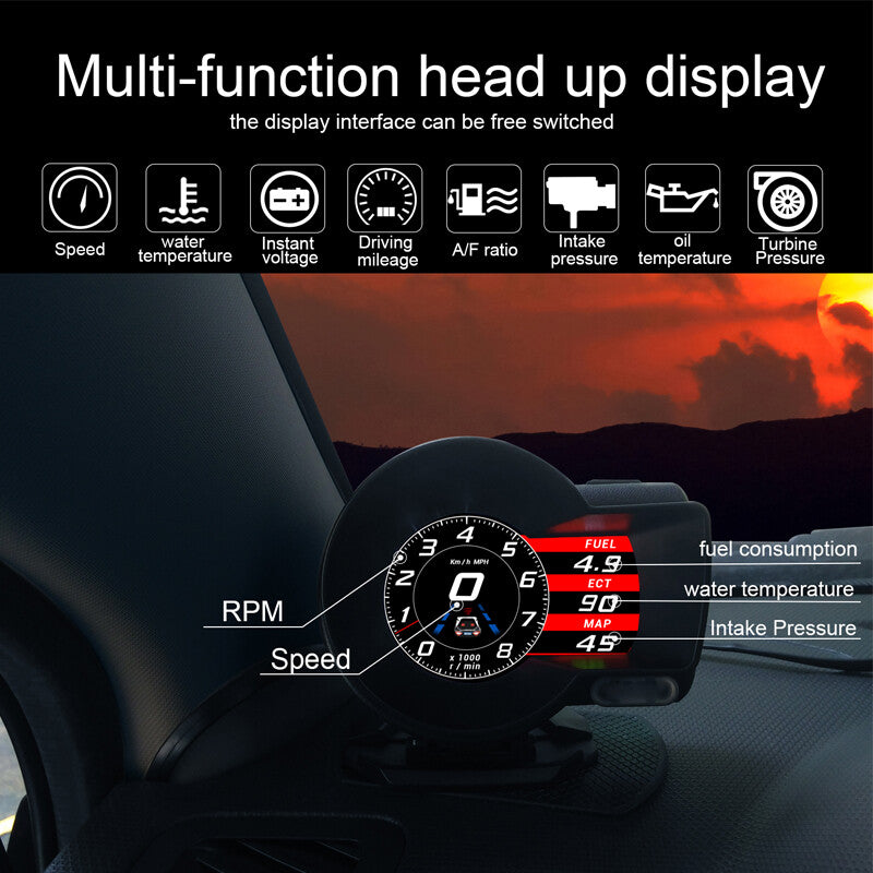 In-vehicle OBD2 multi-function instrument panel with head-up digital display of vehicle speed, RPM, and oil temperature. n