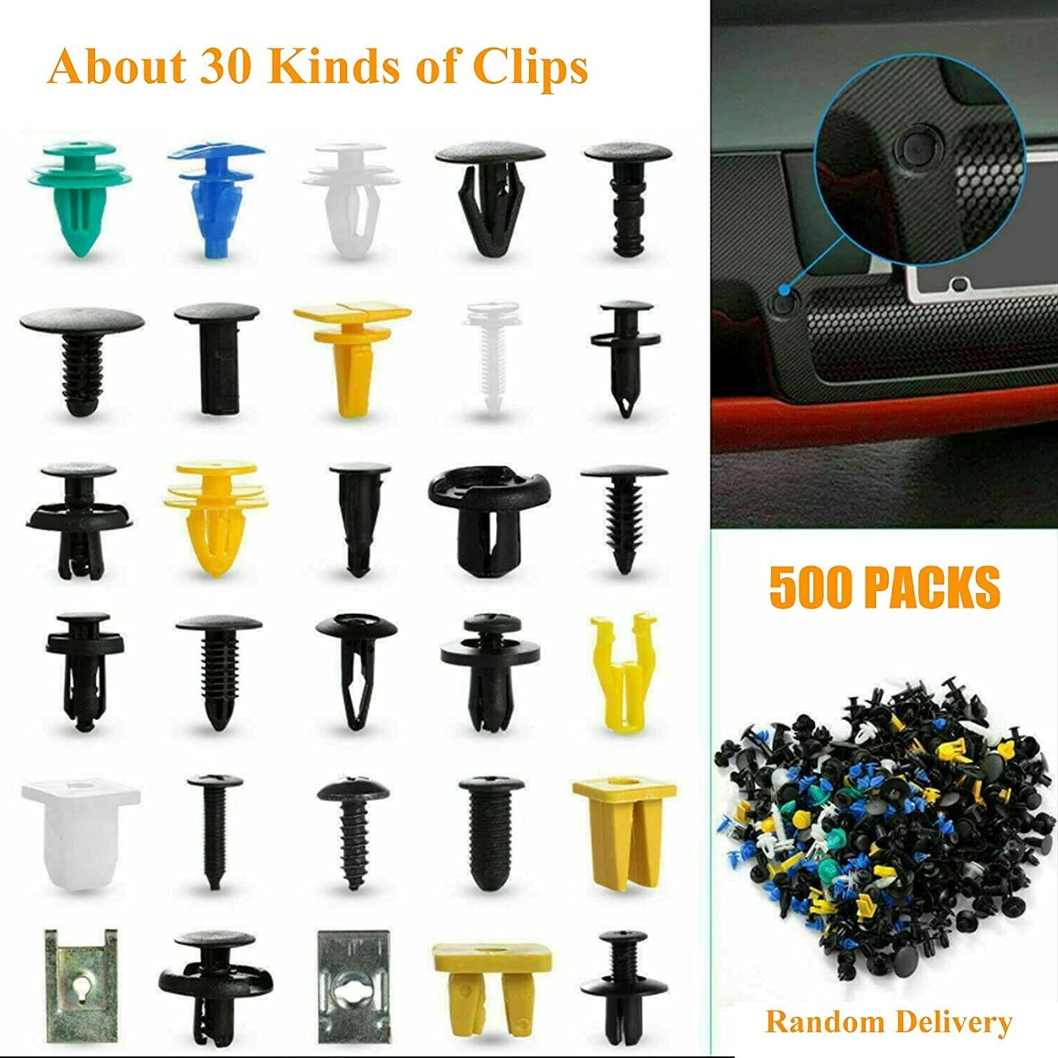 500-piece pack of mixed door panel trim, bumper, mudguard retainer, and rivets for