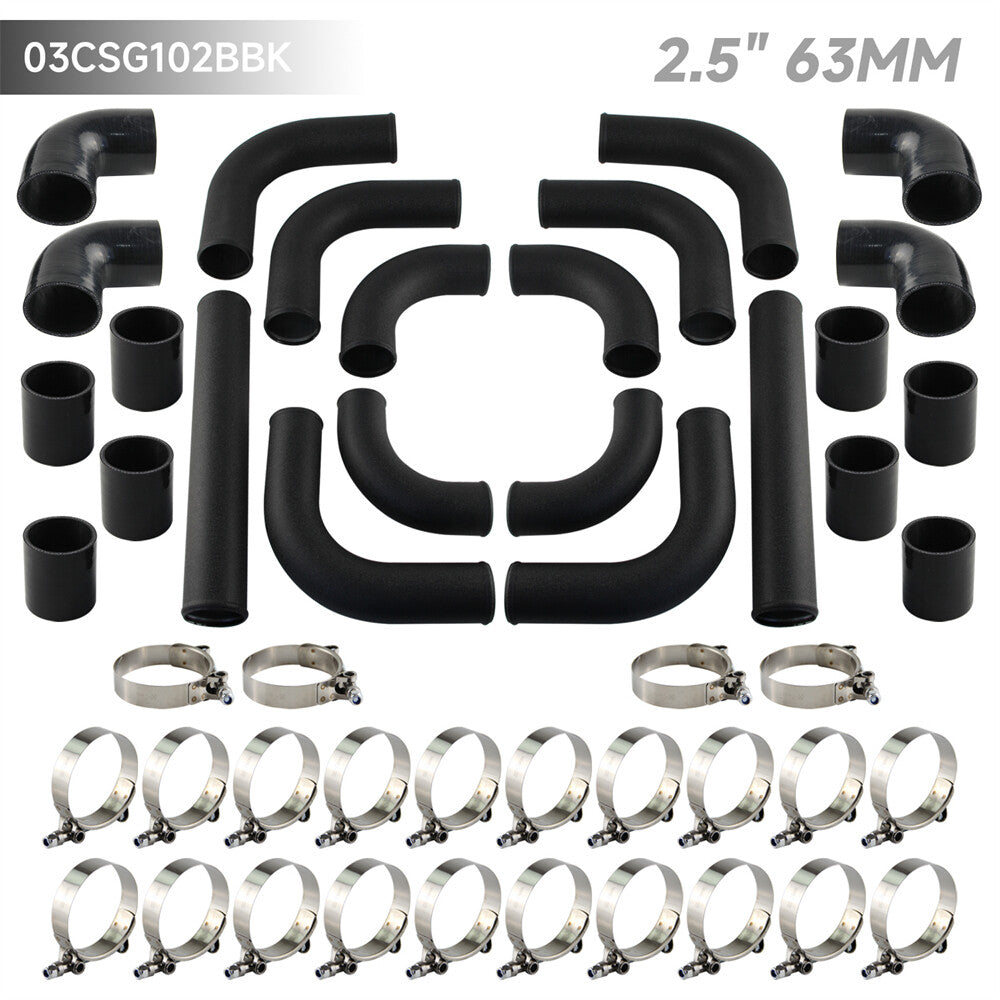 12PCS 2.5 63mm Universal Turbo Intercooler Pipe Piping+Silicone Hose Clamp Kit