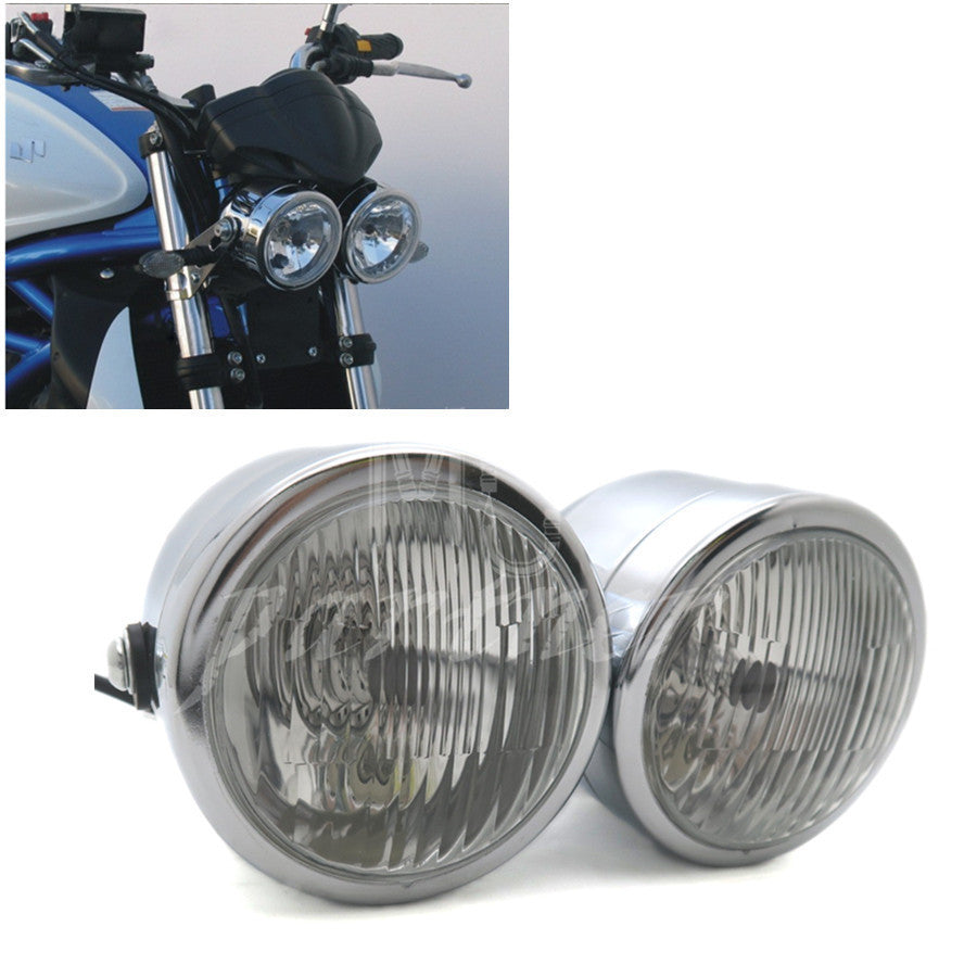 Chrome Twin Headlight Motorcycle Double Dual Lamp Street Fighter Naked Dominator Q