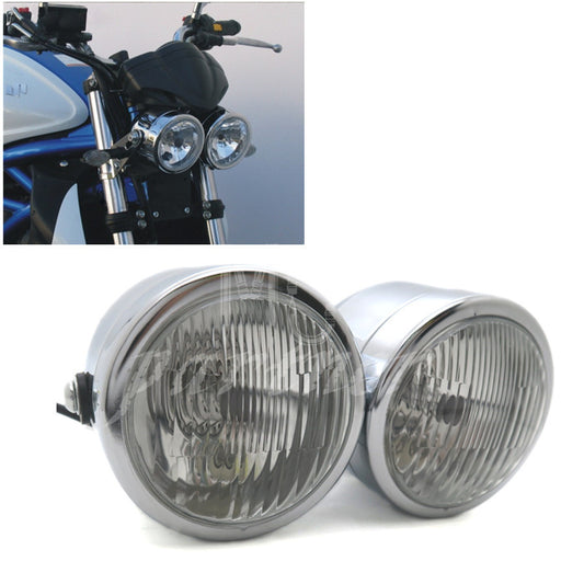 Chrome Twin Headlight Motorcycle Double Dual Lamp Street Fighter Naked Dominator Q