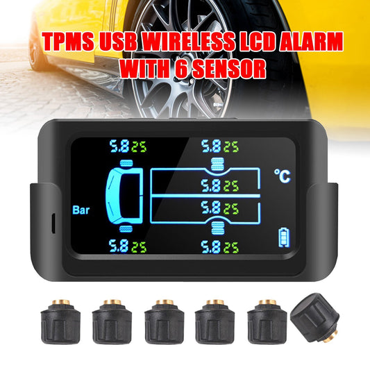 Wireless solar-powered TPMS LCD automotive tire pressure monitoring system + 6 external sensors Q