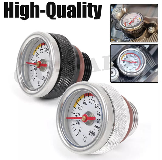 Black M20x1.5 oil temperature gauge filler cap suitable for motorcycles 0-200 degrees Celsius. Q