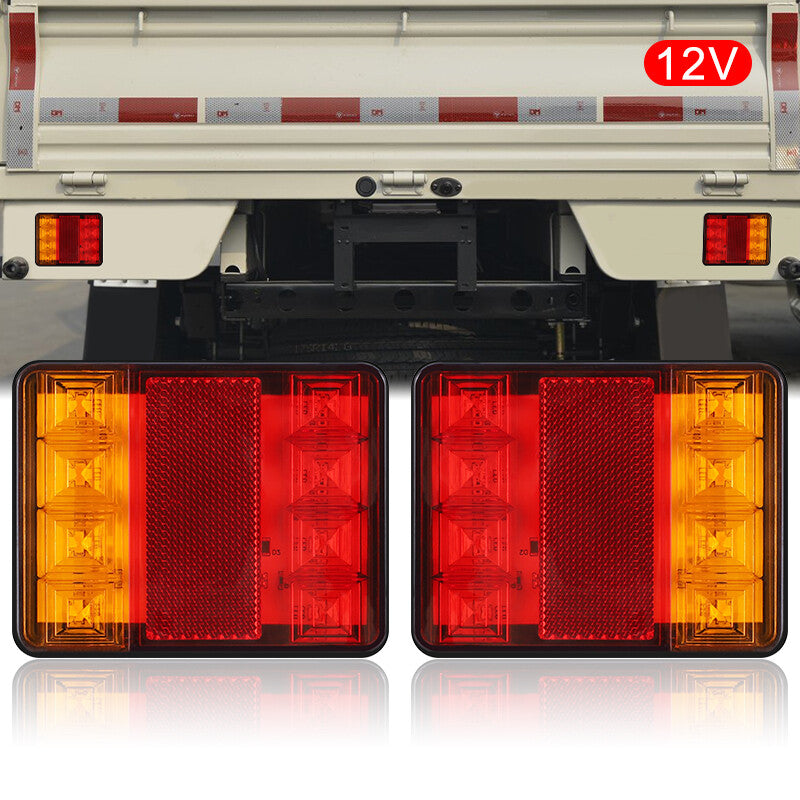 Square 8 LED Trailer Truck Tail Lights Brake Rear Stop Indicator Lamp Amber+Red