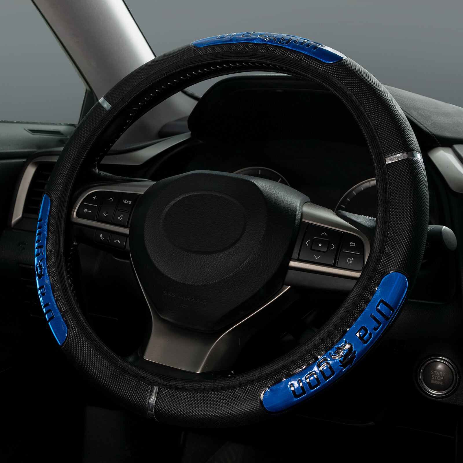 PU Leather 36-38cm Car Steering Wheel Cover Black Blue Auto Elastic Protector