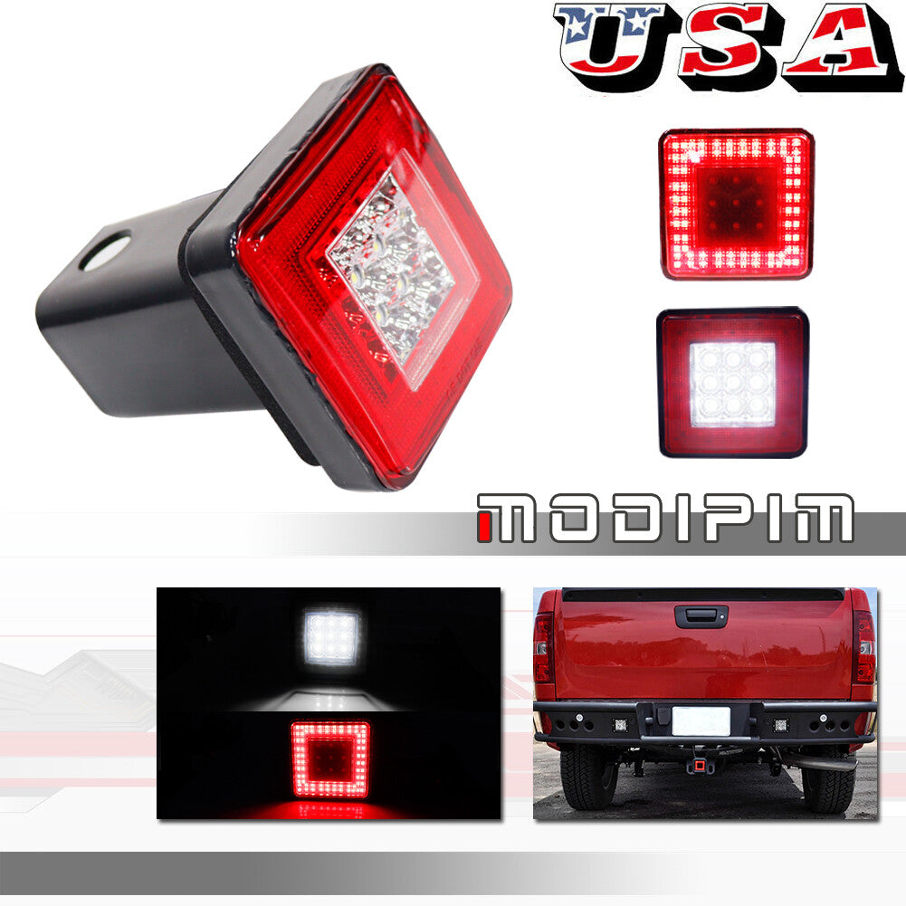 2 Trailer Hitch Receiver Cover Red LED Brake w/Backup Lights Towing & Carrying - v
