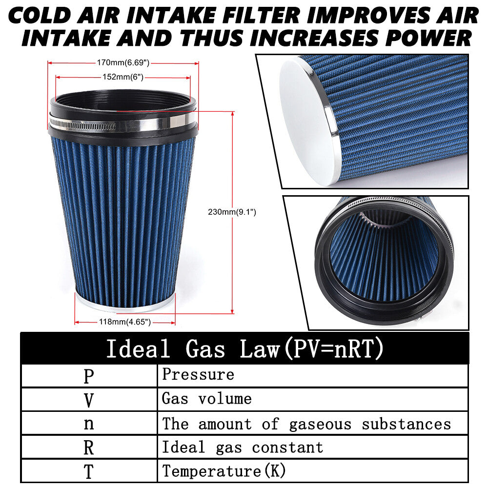 6 152mm Universal Inlet Truck Air Intake Cone Replacement Dry Air Filter BLUE Q