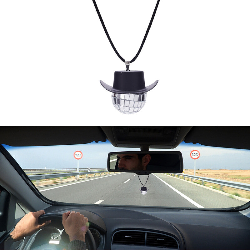 Cowboy Hat Disco Ball Car Ornamen Rearview Mirror Hanging Acessory Rope Black