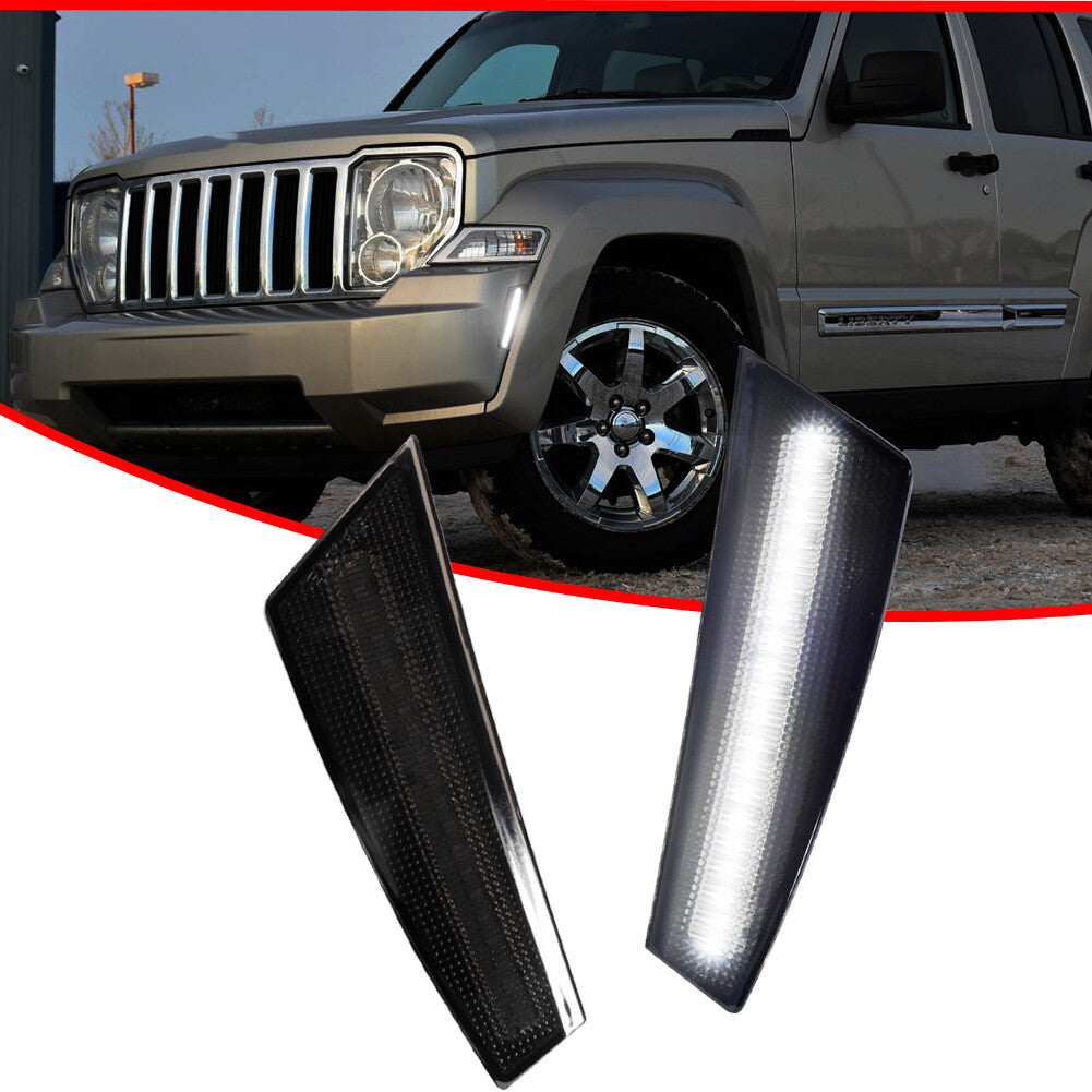 Pair of Smoked Lens White LED Front Bumper Side Marker Lights for 08-12 for Jeep Liberty - v