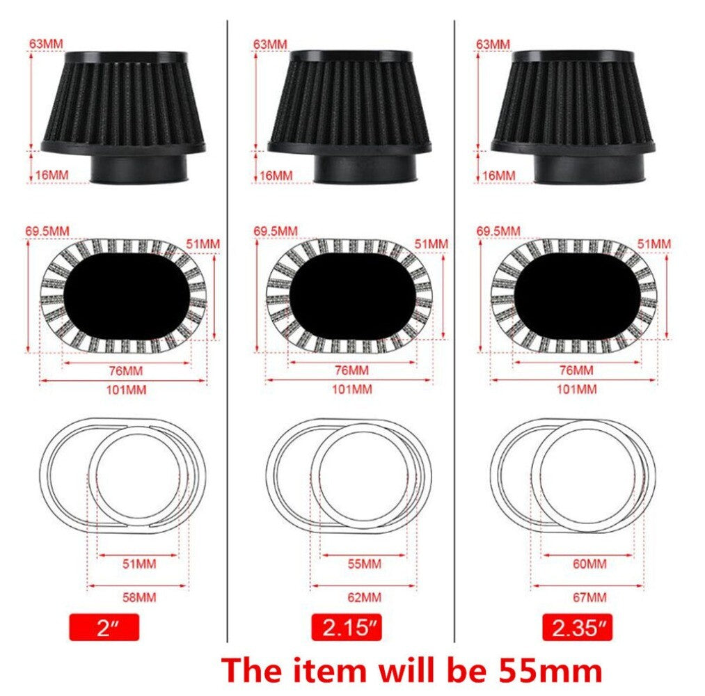 2pcs Air Filter Cleaner 2.15in Motorcycle Cold Air Intake High Flow Cone Filter n