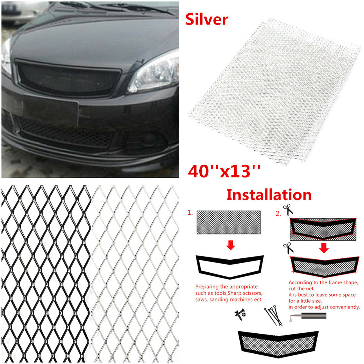 Racing Car Front Bumper Rhombic Grille Mesh 40X13 Aluminum Grill Mesh Silver