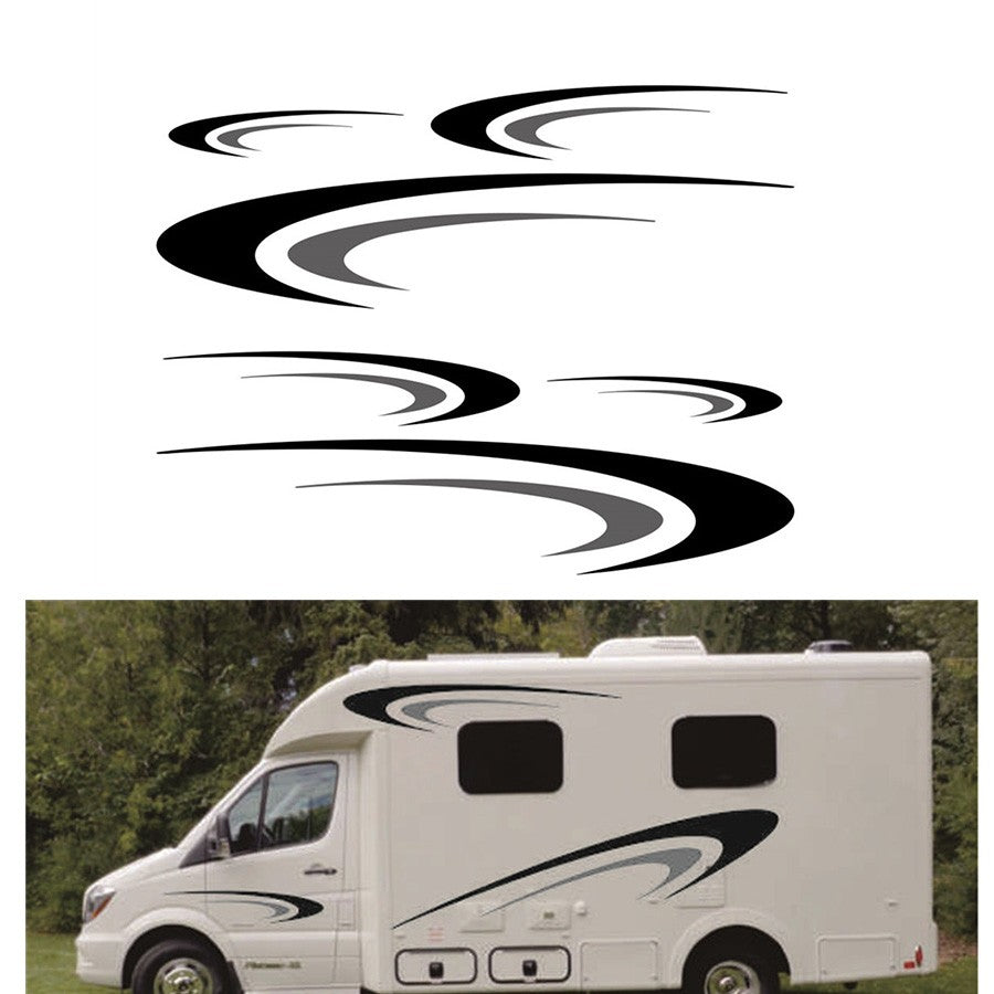 Car RV Body Side Stickers Black + Gray Camper Trailer Vinyl Graphics Decals Kit Q