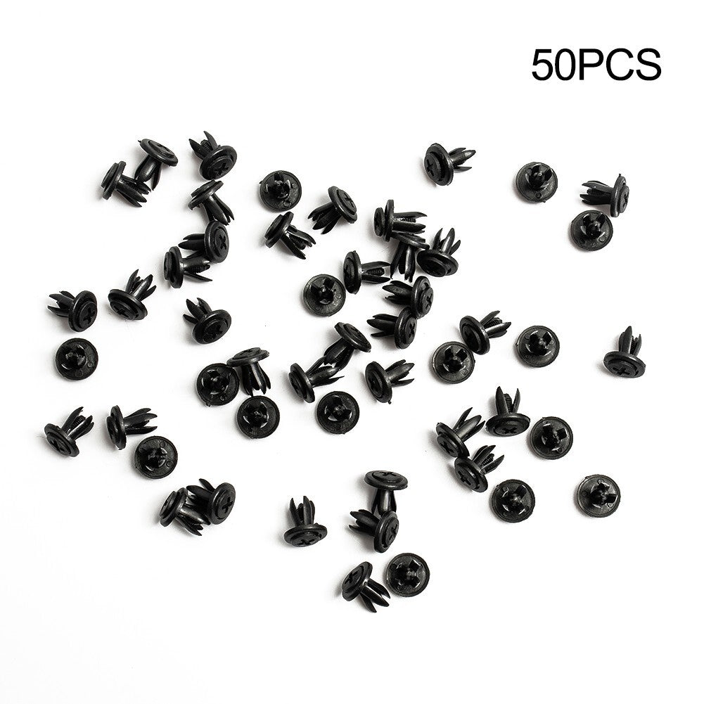 50-piece pack of automatic car brake pads, mudguards, bumper clips, plastic rivets, and fasteners