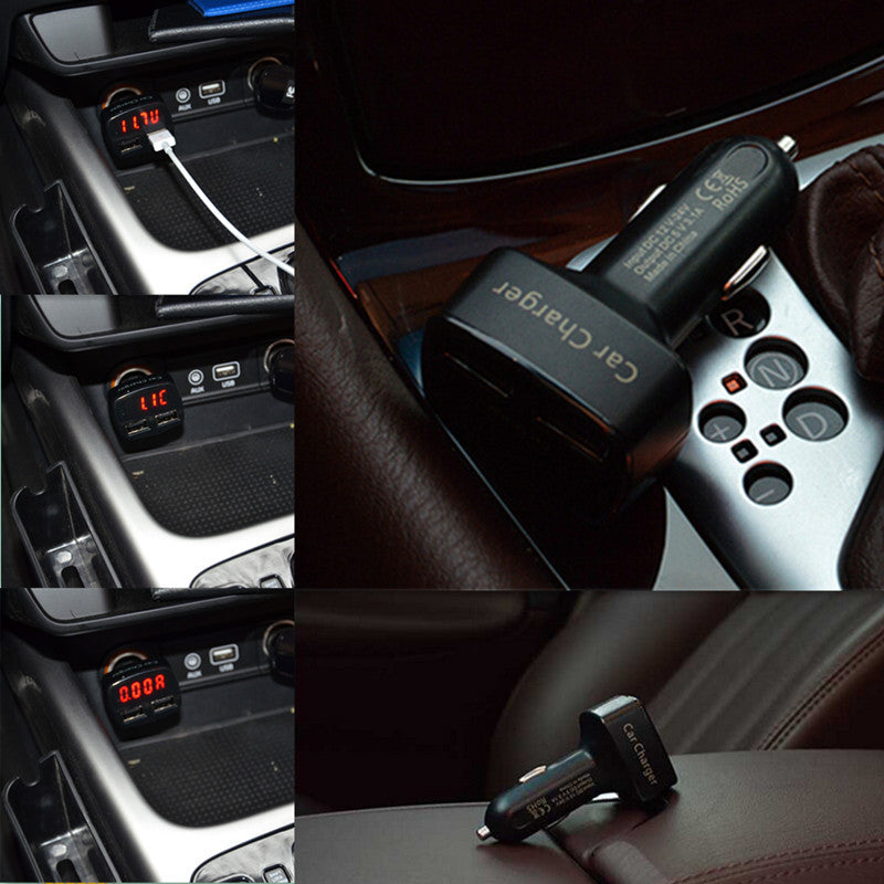 Car Dual USB Port Charger Black Thermometer Ammeter Voltmeter Red LED Monitor