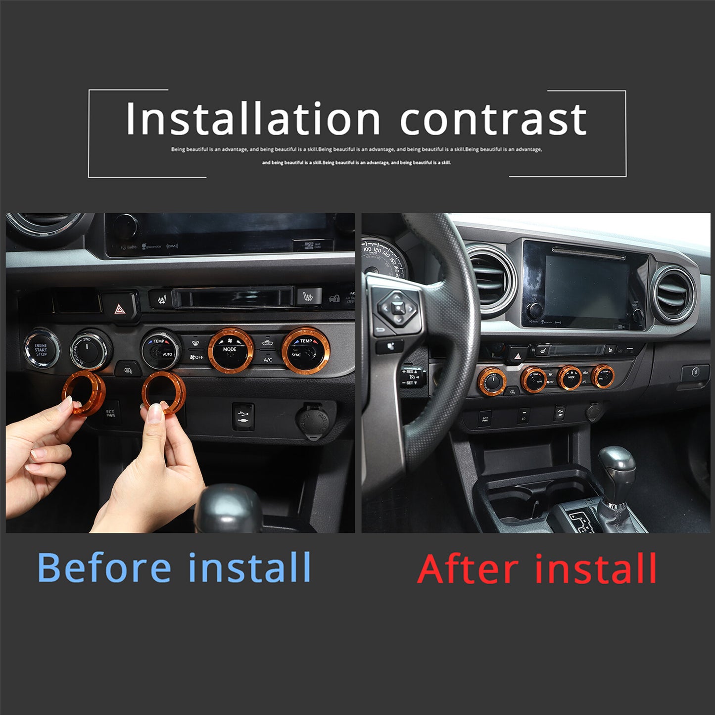 Orange automotive climate control ring knob trim cover for Tacoma 2016 - 2024 n