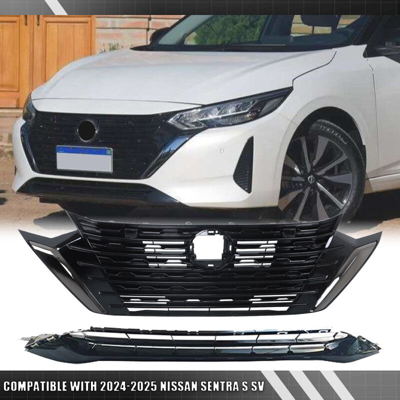 Front Bumper Upper Grille Lower Grille Gloss For 2024-2025 for Nissan Sentra S SV