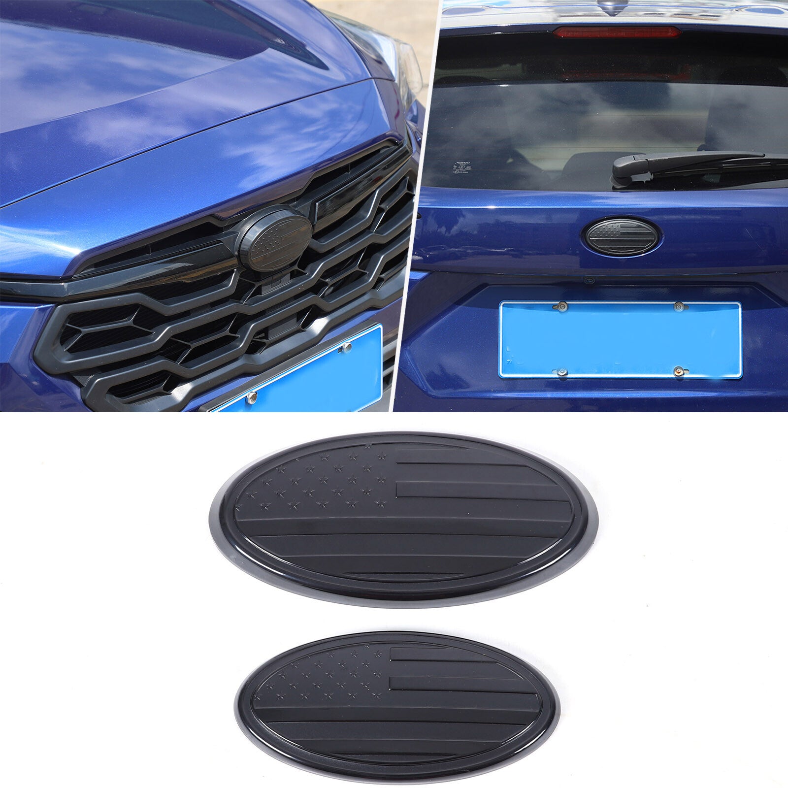 Front and rear tailgate badges with American flag designation for Subaru Crosstrek 2024-2025.