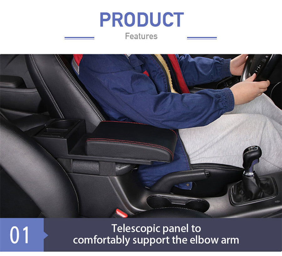 Black+Red Line PU Leather Car Center Console Armrest Pad Cup Holder USB for Charger Q