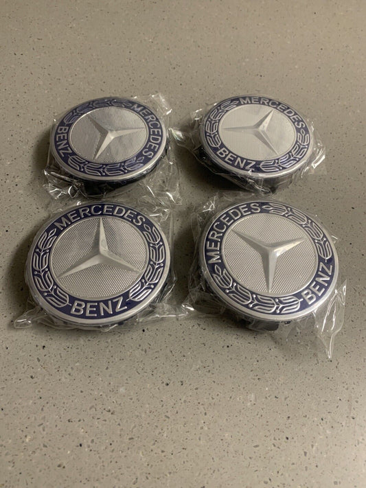 Blue Alloy Wheel Centre Caps 75mm A B C E S M Class ML CLA GLA - 4ea
