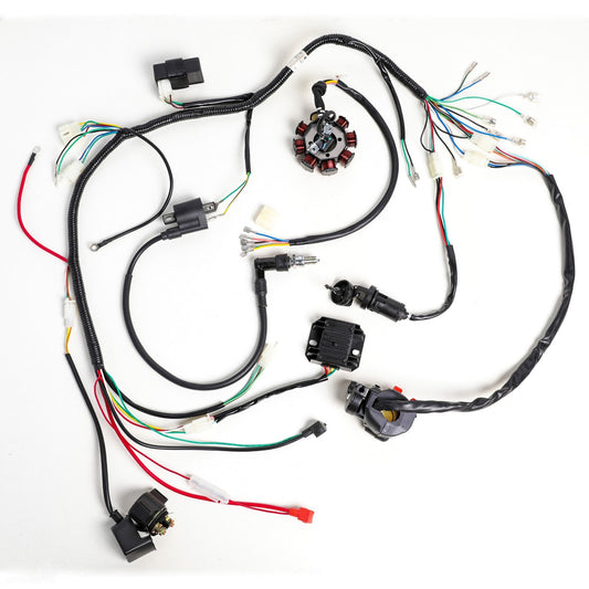 Complete electric wiring harness for 250cc Dirt Pit bicycles, all-terrain vehicles, go-karts, and four-wheel off-road vehicles.