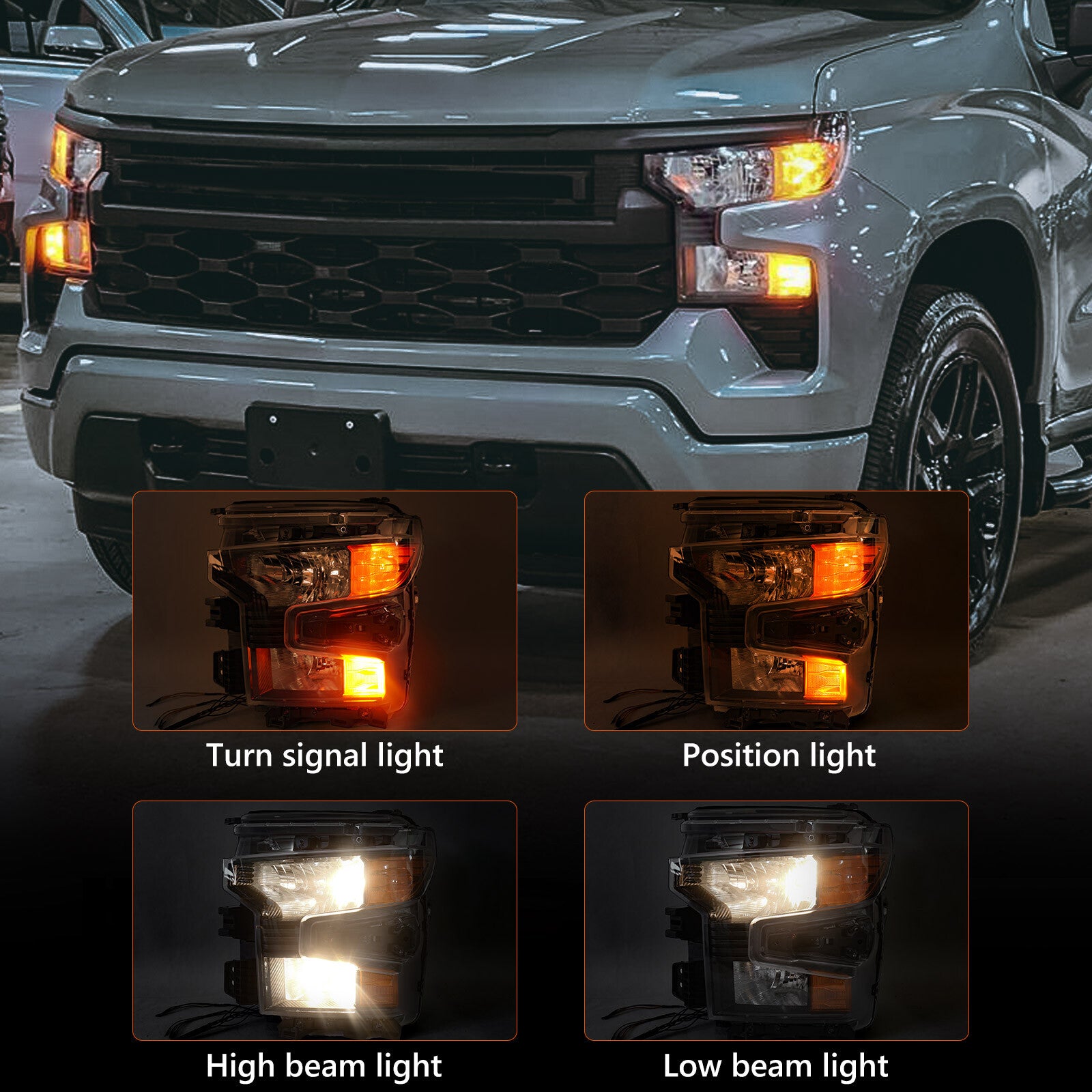 Suitable for 2022-2024 for Chevrolet Silverado 1500 halogen headlights with black trim (left and right).