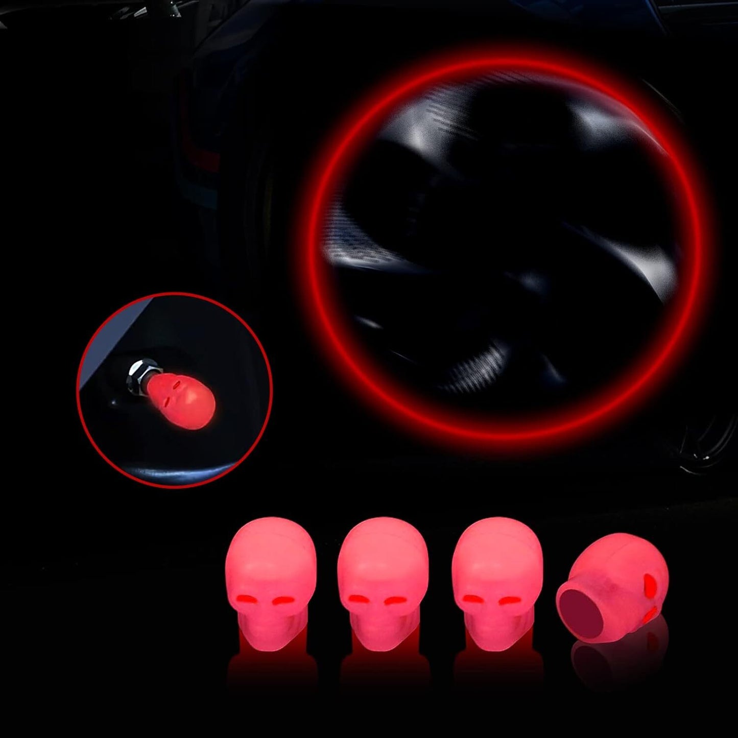 4-Piece Skull Wheel Tire Cover Valve Stem Cover Universal Illuminated Red Q