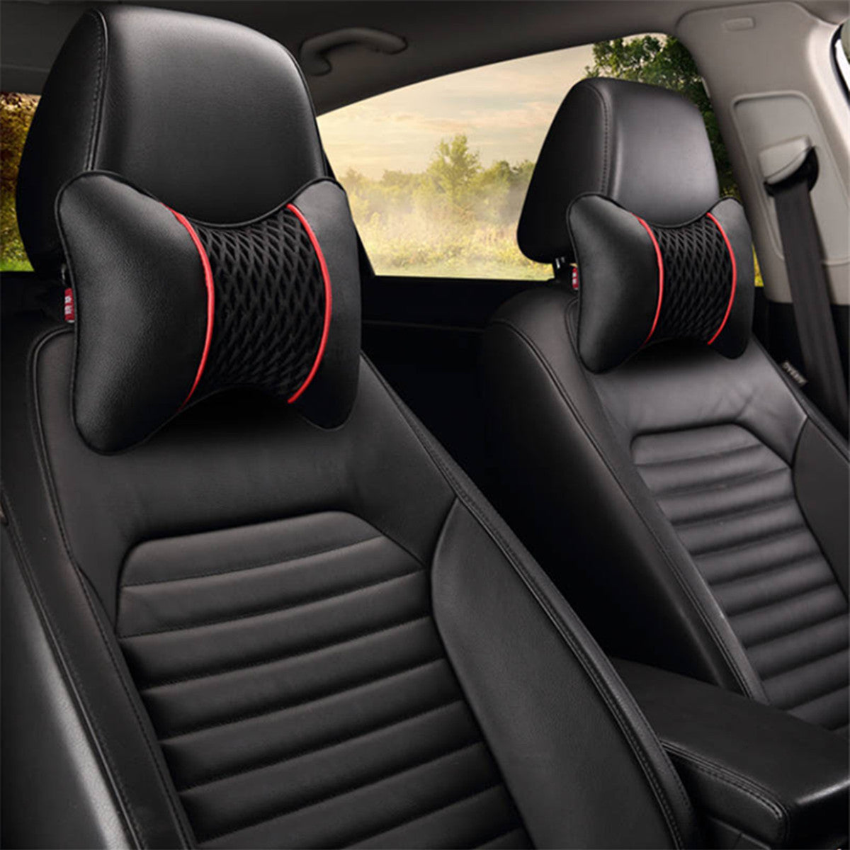 Car Headrest Neck Support Pillow Pair Comfortable Interior Black PU Leather