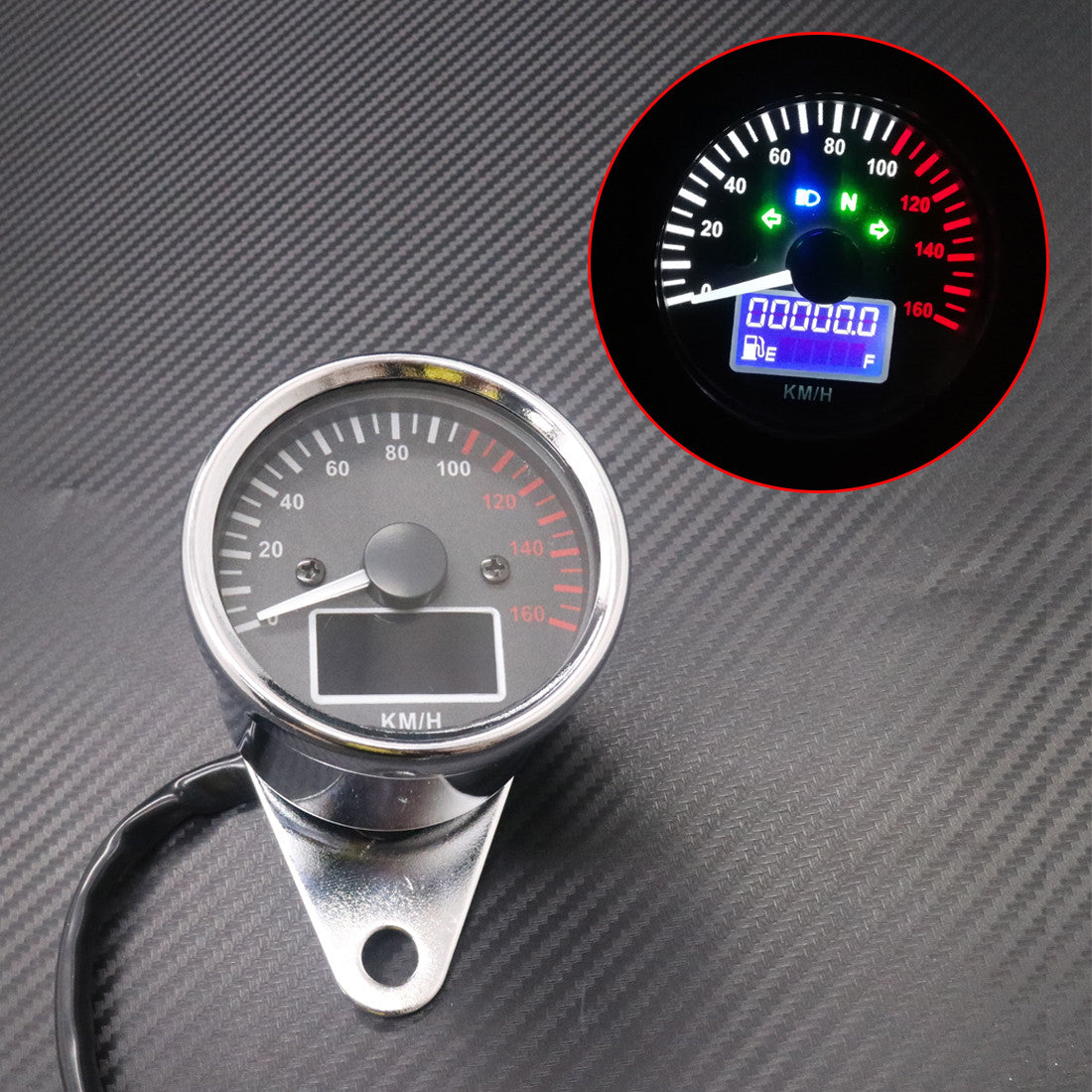 Chrome Digital LED LCD KM/H Speedometer Odometer Speed Fuel Level Gauge Meter Q