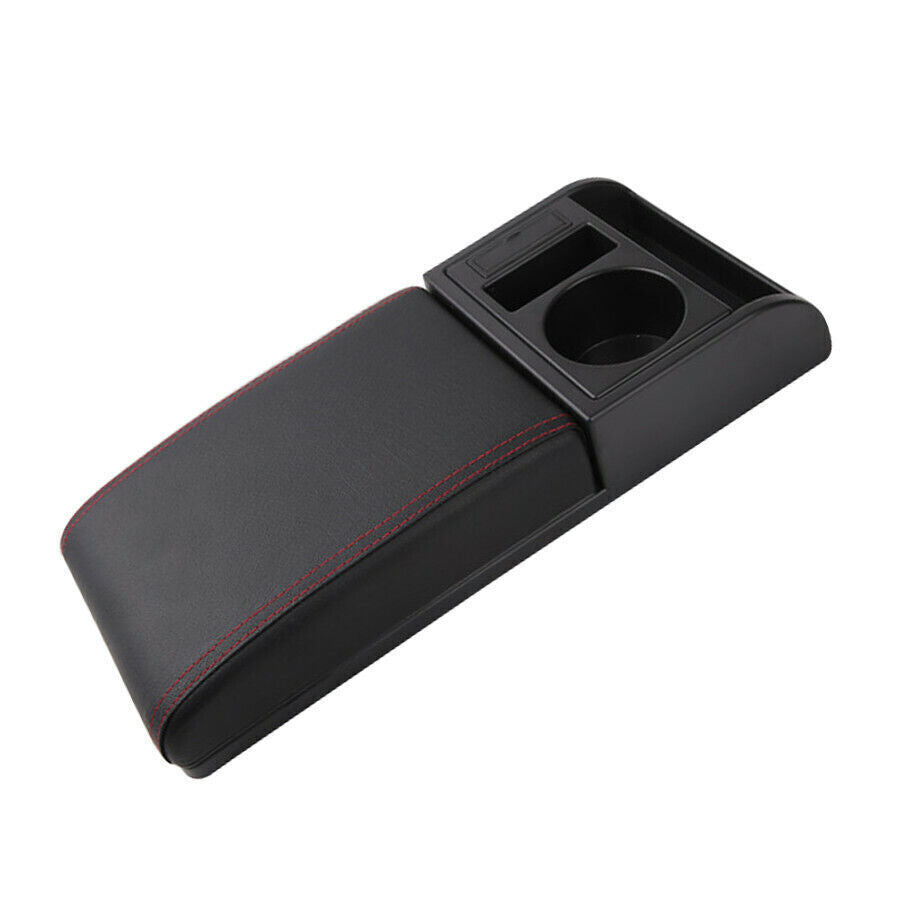 PU Leather Black+ Red Line Car Armrest w/ Cup Holder Soft Elbow Suppoty Cushion Q