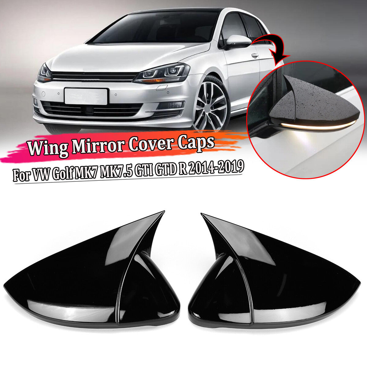 Additional side mirror caps for Volkswagen for Golf MK7 MK7.5 GTI GTD R 2014-19 Black