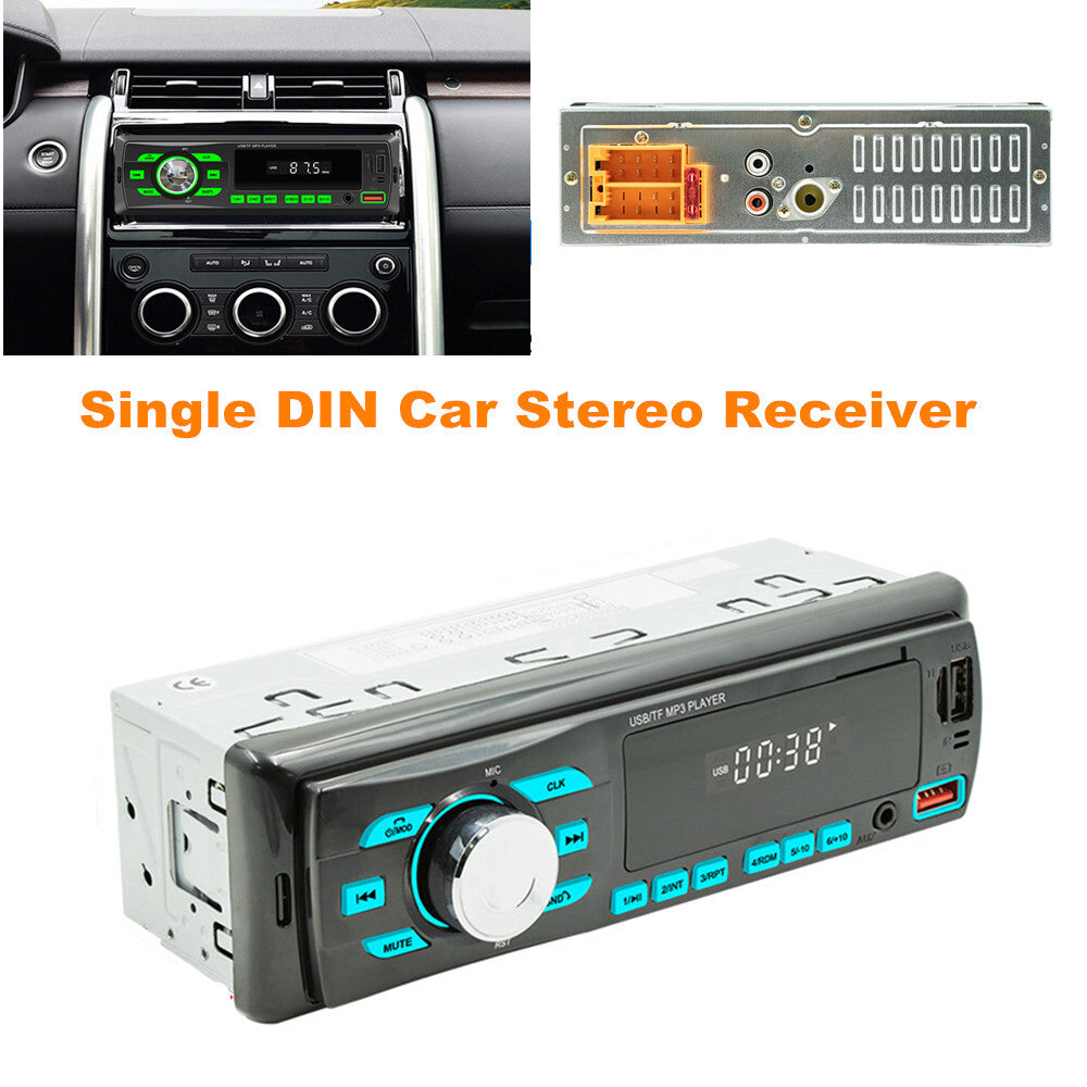 Single DIN car stereo receiver radio with Bluetooth, USB playback, AUX, and voice assistant. n