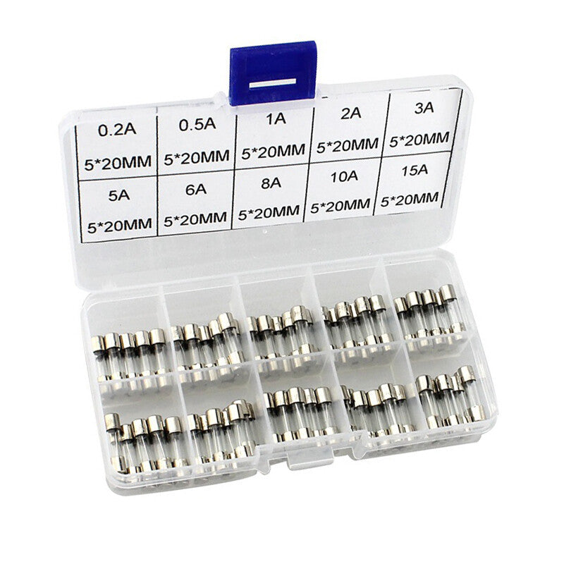 100-piece pack of 5x20mm fuses, quick-blow 0.2A-15A, 10 types of automotive glass tube fuses, various kits available. n