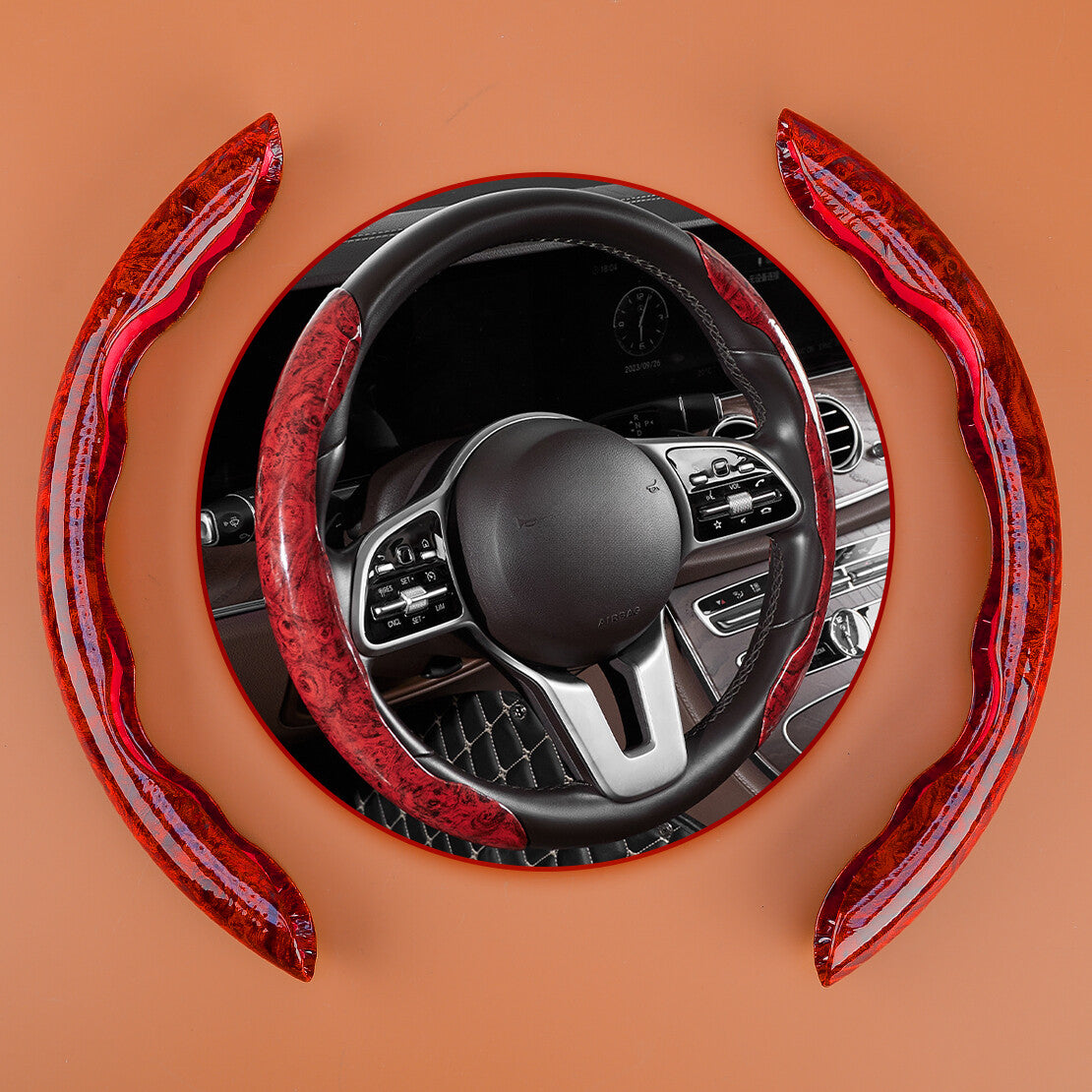 Red Wood Grain Universal Car SteeringWheel Cover Non-Slip v