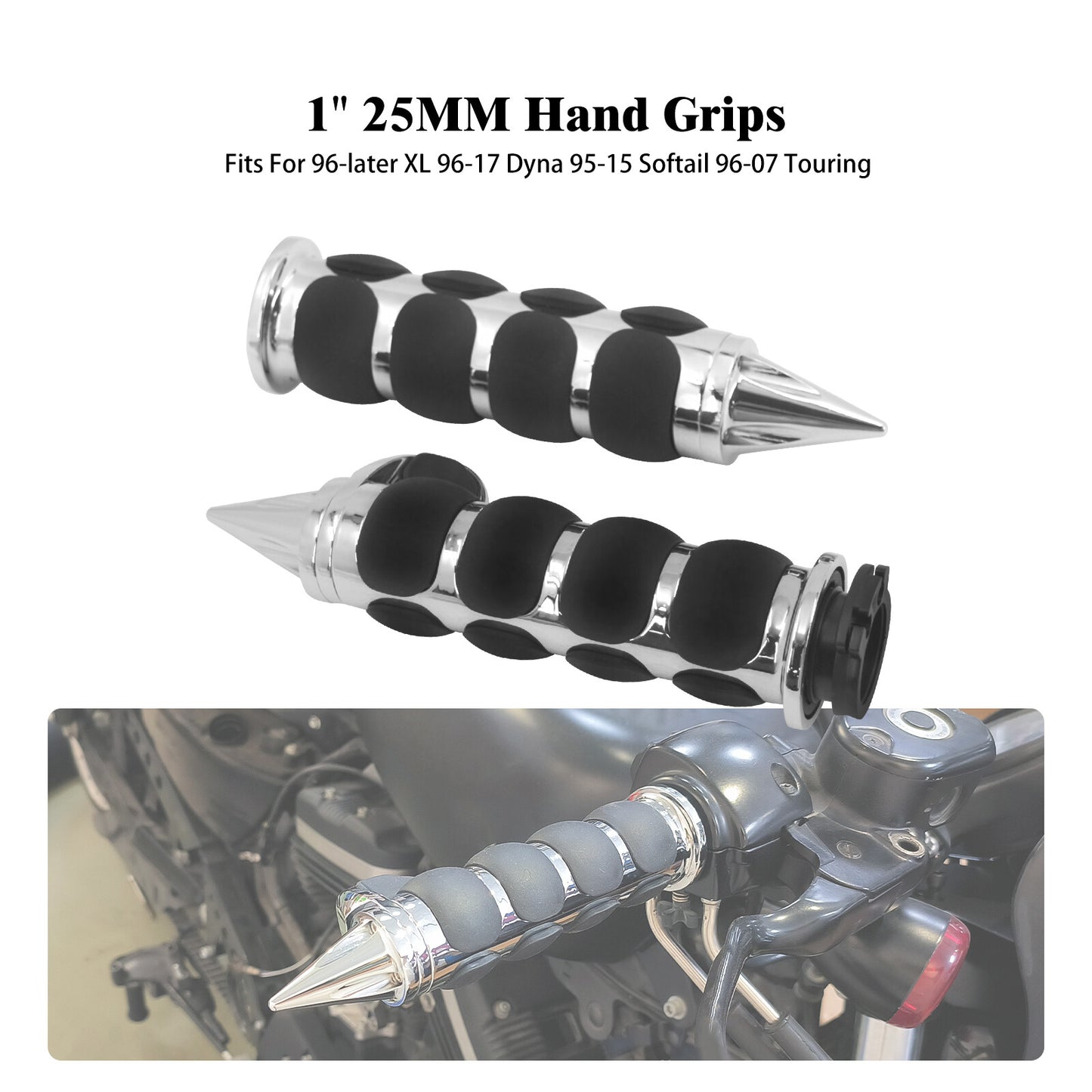 Chrome 1 Non-Slip Rubber Spike Hand Grips Fit for Harley Softail Dyna Sportster