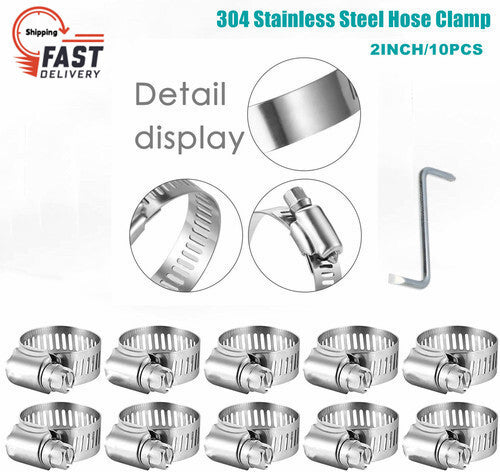 2-inch hose clamps, 304 stainless steel hose clamps, worm gear hose clamps, 10 pieces/set