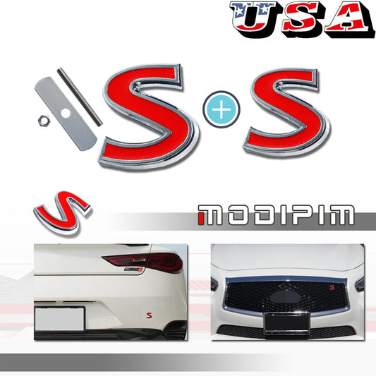 3D Metal S Red Front Grill Badge/Bolt Trunk Lid Badge for Infiniti Q50 Q60 Q70- v