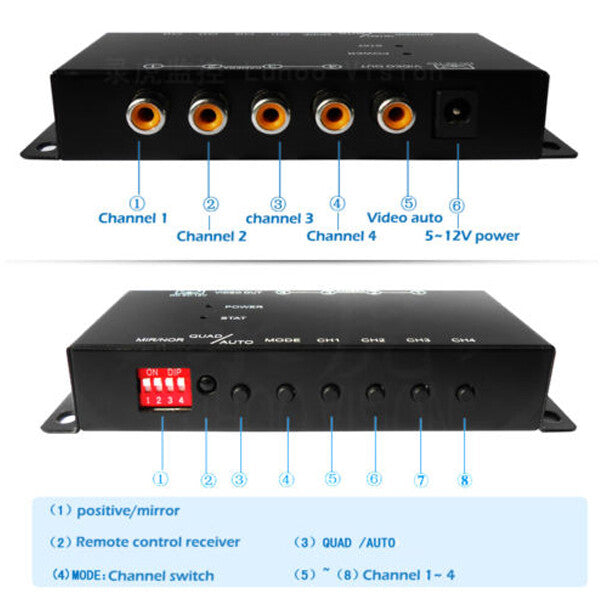In-vehicle 4-way video switch parking camera 4-view image split screen control box top- n