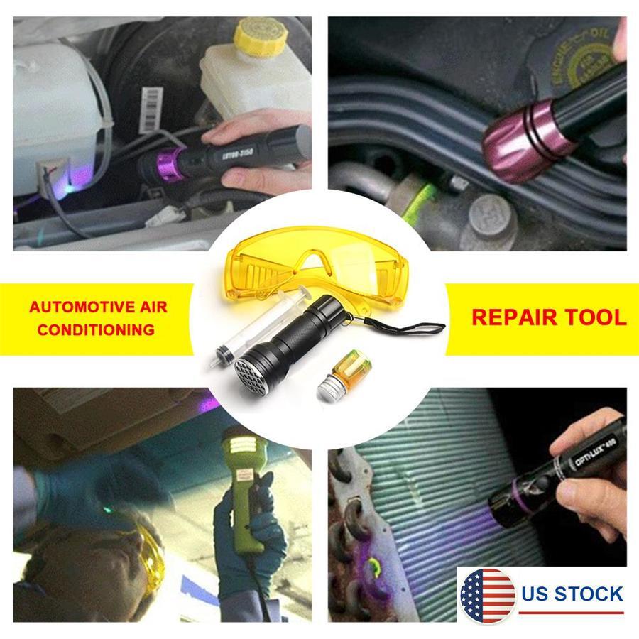 Car A/C Conditioning Leak Test Detector Kit UV Flashlight Glasses Dye Tool Sets Q