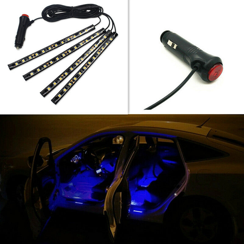 Car Interior Decorative Light 4in1 Blue 12 LED Atmosphere Lamp Charge Footwell