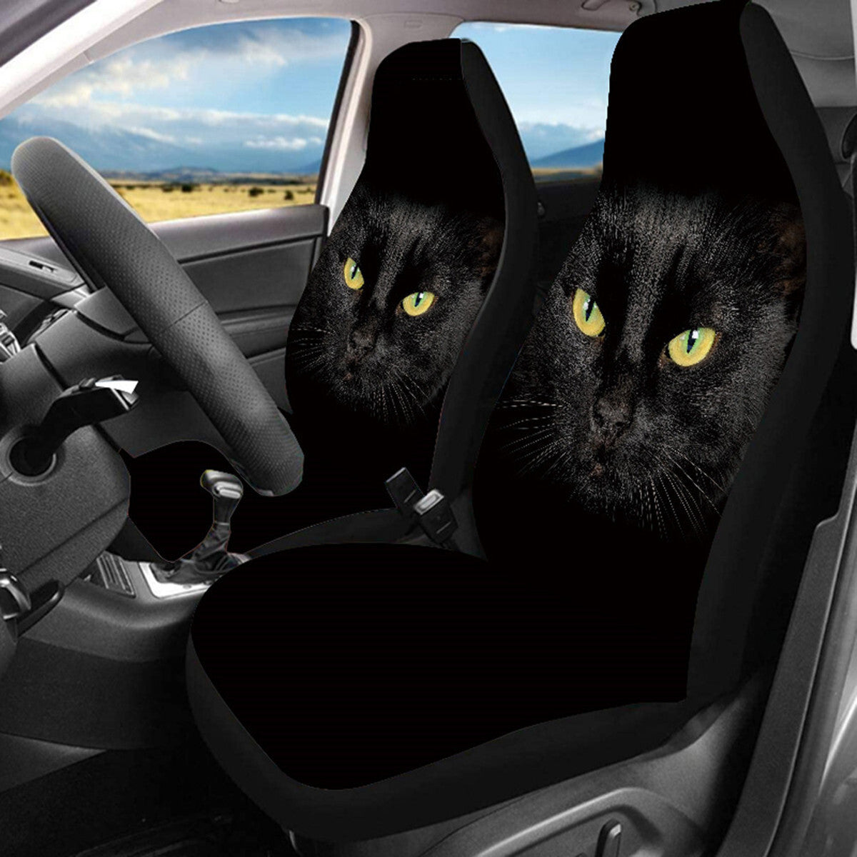Front Car 2 for Seat Covers Cushion Cute Black Cat Breathable Protector Polyester Q