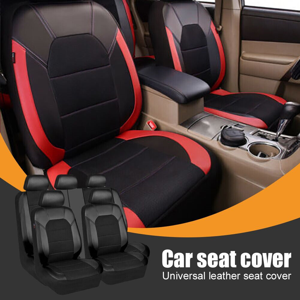 Black/Red Leather Car for Seat Covers, Front and Rear Interior Cushions, 9 Pieces - n
