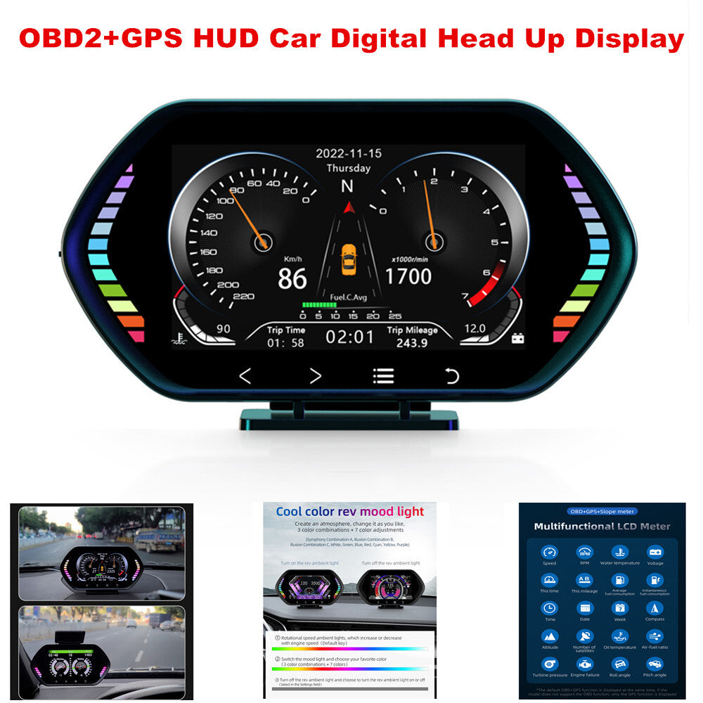 OBD2+GPS HUD Car Digital Head-Up Display Speedometer Turbo RPM Alarm G Sensor - n