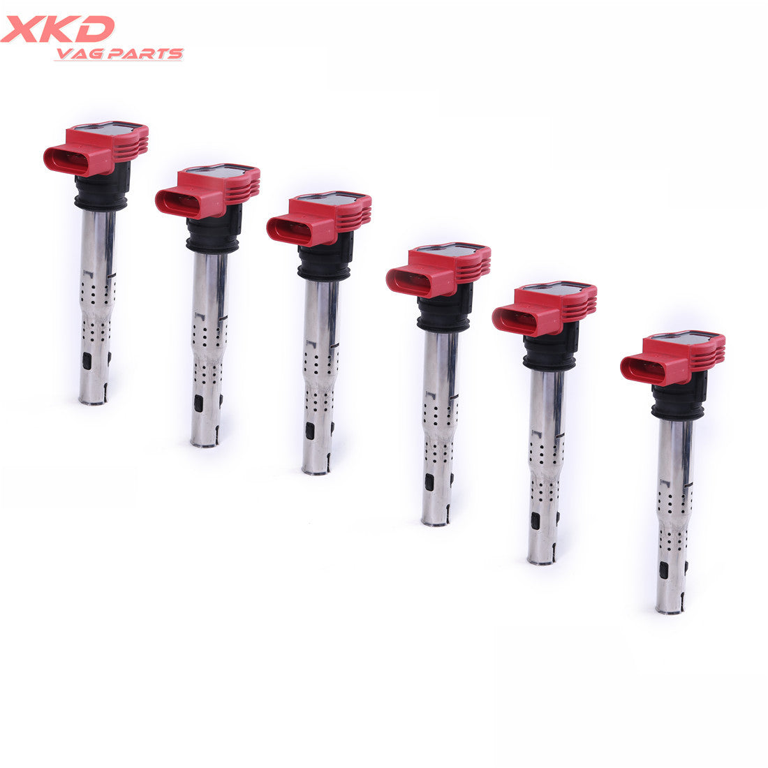 Six new red ignition coils for Volkswagen Touareg, for Audi A4, A6 2.8, 3.0 TFSI, and 3.2 V6 engines.